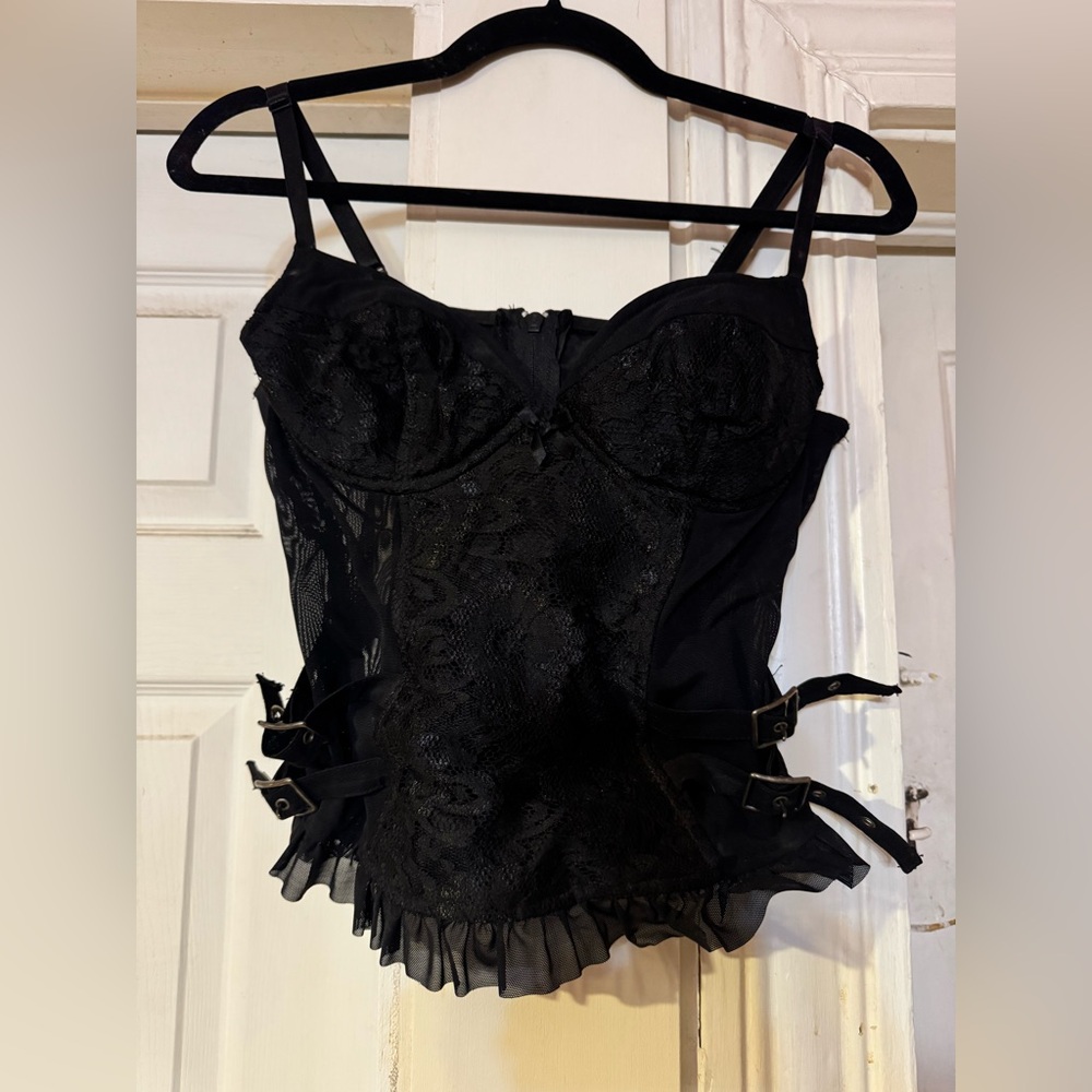Lip Service vintage 90s Black Lace Corset Top goth fetish club M